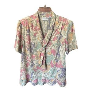 80s ALFRED DUNNER Blouse | Pastel Floral Patterned Tie Neck Ascot Blouse Sz 8